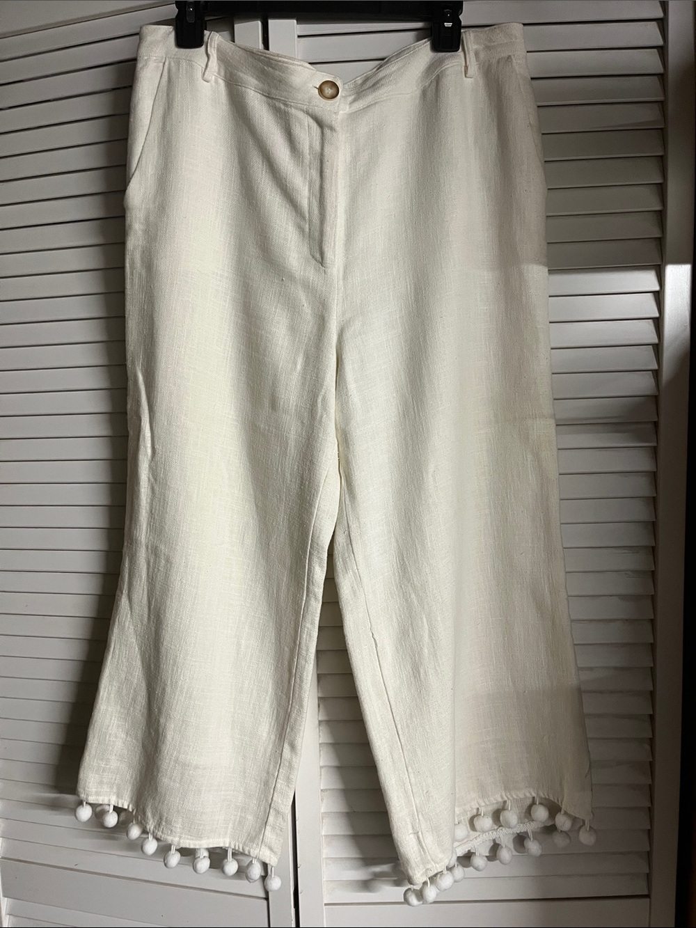 Anthropologie Linen Cream Wide-Leg Pom-Pom Hem Pants